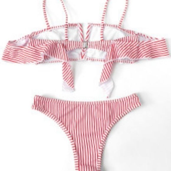 Red Striped Off Shoulder Bikini - Picture 2 of 2